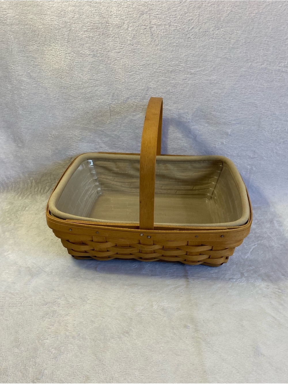 Vintage Longaberger Square Basket With Plastic Liner & Brown Cloth Cover 9”X3”